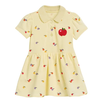 Küçük Maven Yeni Yaz Çocuk Pembe Sarı Kalp Apple Casual Turn-aşağı Yaka Kısa Kollu Kızlar 2-7yrs Pamuk Sevimli Elbiseler 1