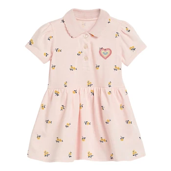 Küçük Maven Yeni Yaz Çocuk Pembe Sarı Kalp Apple Casual Turn-aşağı Yaka Kısa Kollu Kızlar 2-7yrs Pamuk Sevimli Elbiseler 3