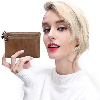 S-ZONE Kadın Hakiki Deri Üçlü Fermuar Küçük cüzdan Değişim bozuk para cüzdanı Tutucu 3