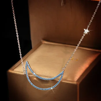 Moda Yeni Ay Yıldız Kolye Kolye Mavi Kübik Zirkonya Kazak Zinciri 925 Gümüş Bayanlar Takı düğün takısı 0