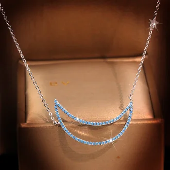 Moda Yeni Ay Yıldız Kolye Kolye Mavi Kübik Zirkonya Kazak Zinciri 925 Gümüş Bayanlar Takı düğün takısı 3