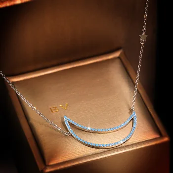 Moda Yeni Ay Yıldız Kolye Kolye Mavi Kübik Zirkonya Kazak Zinciri 925 Gümüş Bayanlar Takı düğün takısı 4