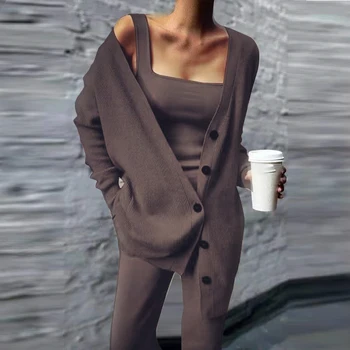 Kadın Üç Pices Set Sonbahar Kış Örme Katı Hırka Tops Tank Top Ve Rahat Gevşek Uzun pantolon Kadın Takım Elbise Eşofman