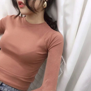 Kadın İlkbahar Yaz Tarzı Seksi T-Shirt Tops Lady Casual Slim O-Boyun Uzun Kollu Seksi Tees Tişörtleri ZZ0109