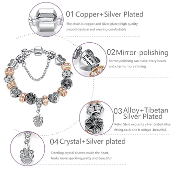 ELESHE Kraliyet Taç Takı Gümüş Renk Charm Bilezik ve Bileklik CZ kristal boncuklar Kadınlar için Bilezikler Takı Aksesuarları 0