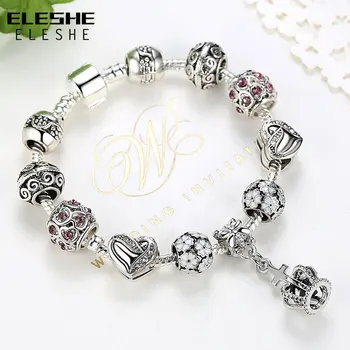 ELESHE Kraliyet Taç Takı Gümüş Renk Charm Bilezik ve Bileklik CZ kristal boncuklar Kadınlar için Bilezikler Takı Aksesuarları 5