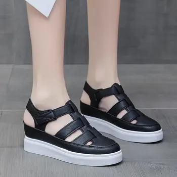 Kadın Flats Sandalet Yaz Moda Kapalı Yuvarlak Ayak Beyaz Platformu deri ayakkabı Rahat Kadın Sandalet