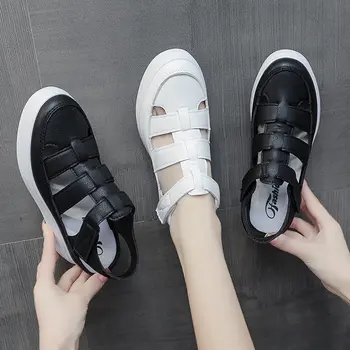 Kadın Flats Sandalet Yaz Moda Kapalı Yuvarlak Ayak Beyaz Platformu deri ayakkabı Rahat Kadın Sandalet 2