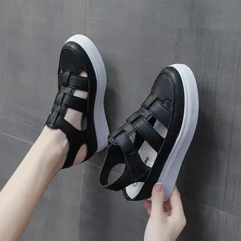 Kadın Flats Sandalet Yaz Moda Kapalı Yuvarlak Ayak Beyaz Platformu deri ayakkabı Rahat Kadın Sandalet 3