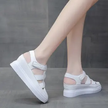 Kadın Flats Sandalet Yaz Moda Kapalı Yuvarlak Ayak Beyaz Platformu deri ayakkabı Rahat Kadın Sandalet 5