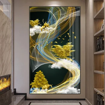 Soyut Altın Çizgi Posteri Geyik ve Ağaç Bulut Tuval Boyama Tableaux Baskı Altın Duvar sanat resmi Oturma Odası Ev Dekor
