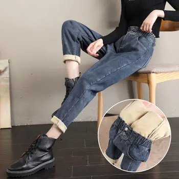 Kadın Kış Kalın Tayt Kot Kalınlaşmak Polar Astarlı Termal Sıkı Sıcak Pantolon Vintage günlük kot pantolon XS-2XL