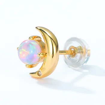 ALLNOEL Katı 925 Gümüş Saplama Küpe Kadınlar için Crescent Moon Yapay Opal Kaplama Altın Sevimli Hediyeler Güzel Takı