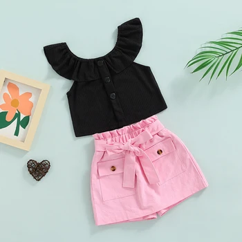 SUNSIOM Toddler Kız Elbise yaz kıyafetleri Düz Renk Fırfır Kolsuz Düğmeler Tops + Elastik Yüksek Bel Şort Kemer ile