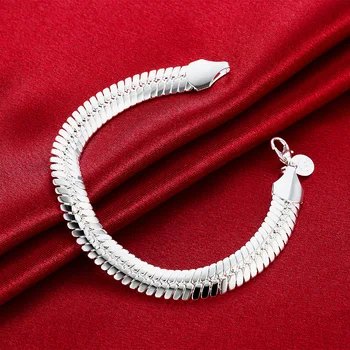 Sıcak 925 damgalı gümüş renk Bilezikler 10mm Düz yılan kemik zinciri erkekler için klasik Düğün parti Vahşi Yılbaşı Hediyeleri Takı