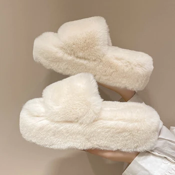 Yeni Süper Yüksek Topuk 7.5 cm Yumuşak Tavşan Kürk Kadın Terlik Takozlar Peluş Ev Pamuk Terlik Rahat Kış Düz Sıcak Kürklü ayakkabı 0