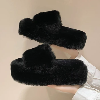 Yeni Süper Yüksek Topuk 7.5 cm Yumuşak Tavşan Kürk Kadın Terlik Takozlar Peluş Ev Pamuk Terlik Rahat Kış Düz Sıcak Kürklü ayakkabı 4