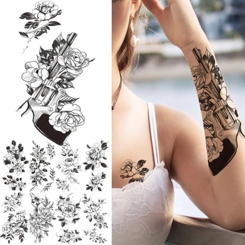 Çiçek Tabanca Tabanca Geçici Dövme Etiket Kadınlar Kızlar İçin Siyah Dikenli Sahte Çiçek Gerçekçi Dövmeler Vücut Sanatı Dövmeler Dahlia 0