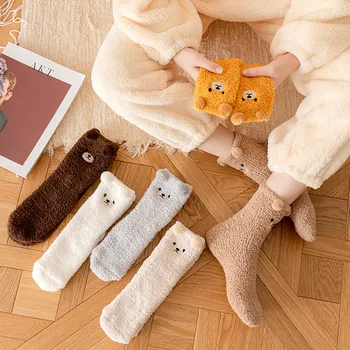 Ayılar Kat Çorap kadın Kış kaymaz Ev Uyku Mercan Kadife Çorap Kalınlaşmış sıcak tutan çoraplar 5