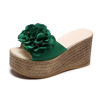 Kadın terlik yaz Ayakkabı yüksek topuk slaytlar çiçekler Platformu takozlar Chaussure