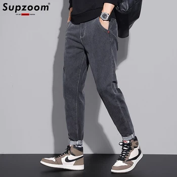 Supzoom 2021 Yeni Varış En Moda Sonbahar Katı Siyah Kot Erkekler Yıkanmış Kişiselleştirilmiş Yama Kumaş Slim Fit Elastik Tayt