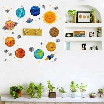 5 adet / takım Güneş Sistemi Karikatür Duvar Sticker çocuk Odası Dekoratif Sanat Çıkartmaları Duvar Ev Dekor Çocuk Oyuncak Hediye