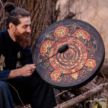 Şaman Davul Kaplumbağa Totem Tasarım El Yapımı Şamanik Davul Sibirya Davul Ruhu Müzik Davul Sopa ile Ev Dekor 3