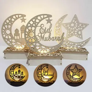 LED Ahşap Eid Mubarak Plak Ay Yıldız Ramazan Süs Müslüman Dekor Hediye