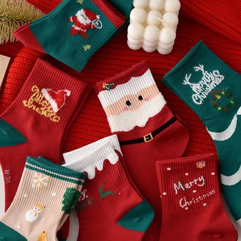 1 Çift Noel Çorap Pamuk Karikatür sıcak tutan çoraplar Komik Noel Baba Noel Ağacı Kar Baskılı Mutlu Pamuk Yumuşak sıcak tutan çoraplar