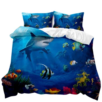 Köpekbalığı Yorgan yatak örtüsü seti Köpekbalığı Okyanus Deniz nevresim takımı Yatak Örtüsü Sualtı Hayvan Desen Kraliçe Kral Polyester Kaliteli Kapak 4
