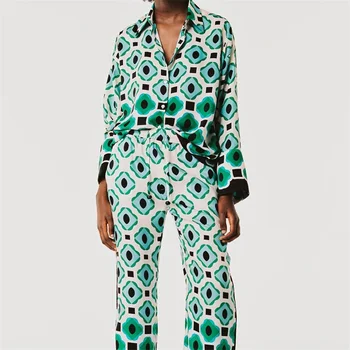 TRAF Kadınlar 2021 Moda Rahat Pijama Tarzı Bluz Retro Uzun Kollu Yaka Bluz Streetwear