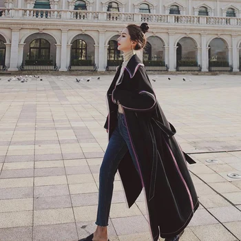 Kadın Rüzgarlık Bahar Sonbahar Yaka Artı Uzun Kruvaze Ekleme Tasarım Duygusu Bayanlar Pelerin Moda Trençkot Kadın