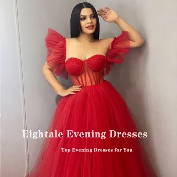 Eightale Kırmızı balo kıyafetleri Sevgiliye Boncuklu Tül Balo Boning gece elbisesi Düğün için Arapça Parti robe de soirée