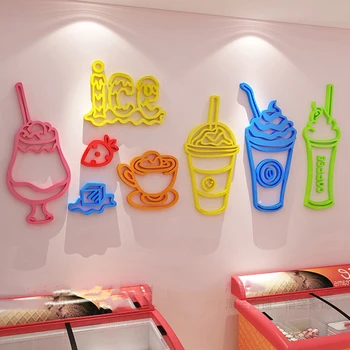 Dondurma Süt Çay Dükkanı dekorasyon çıkartması Basit Renk Tatlı Dükkanı Ön Büro Pasteable cam kapi Çıkartmaları 3D duvar çıkartmaları 2