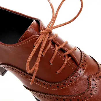Oxford Ayakkabı Pompaları Kadın Retro Dantel-Up Yüksek Topuklu Kadın Yuvarlak Ayak Büyük Boy Brogues ayakkabı Kadın Kahverengi Günlük Elbise Pompaları
