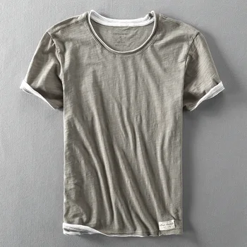 Sahte İki T-Shirt Erkekler için Retro Moda Yaz Pamuk Düz Renk Kısa Kollu Üstleri Erkek Rahat Basit İnce beyaz tişört Giyim