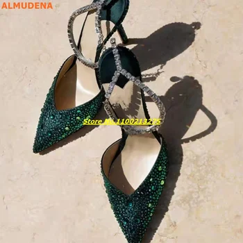 Kristal Yeşil Pompaları Ayak Bileği Kayışı Seksi Sivri Burun El Yapımı Moda Kadın Pompaları Ince Yüksek Topuk Metal Zincir Stiletto Topuk Ayakkabı 0