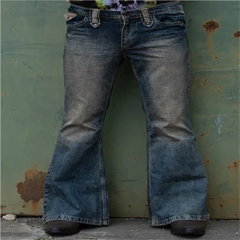 Erkek alevlendi pantolon dört mevsim yüksek sonu Punk retro erkek streç-yıkanmış yüksek belli kot nostaljik düz bacak pantolon S-4XL