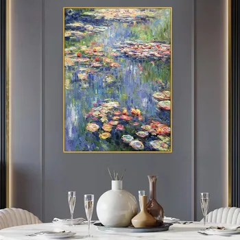 Ünlü Monet El-Boyalı Yağlıboya Soyut Çiçek Su Zambak Göl Manzaralı Mor Tuval Boyama Oturma Odası Dekorasyon Duvar 0