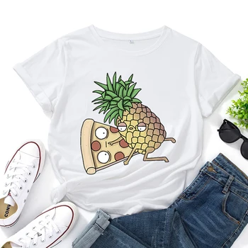 Yeni Kadın T Shirt Moda Ananas Pizza Baskılı Üstleri Tee Kadın Kısa Kollu O-Boyun T-shirt T - shirt Kadın Yaz Sevimli Tişörtleri