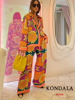 KONDALA Boho Çiçek Baskı Vintage Takım Elbise Kadın Uzun Kollu Tek Düğme Gevşek Gömlek + Yüksek Bel Geniş Bacak Pantolon Moda 2022 Setleri 0