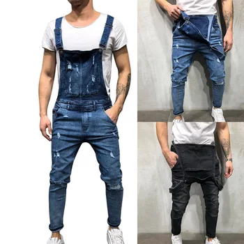 Moda erkek Yırtık Kot Tulumlar Hi Sokak Sıkıntılı Denim işçi tulumu Adam Askı Pantolon Boyutu S-XXXL