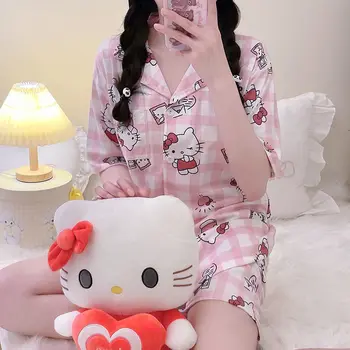 Sanrio Kawaii Hello Kitty Cinnamoroll Sevimli Kız Yaz Pijama Ins Öğrenci Kısa Kollu Şort Hırka Gecelik Takım Elbise Kadın