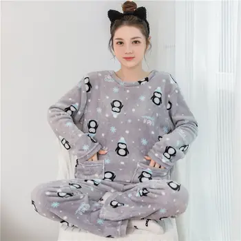 Kadın Sonbahar Kış Sıcak Pazen Kadın Dikiş Pijama Setleri Kalın Mercan Kadife Uzun Kollu Karikatür Pijama İnce Pazen Pijama