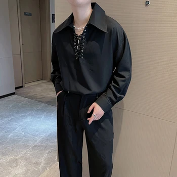 Erkekler Vintage Kayış Büyük Yaka Gevşek Casual Uzun Kollu Kazak Gömlek Erkek Kore Net Ünlü Streetwear Moda Elbise Gömlek