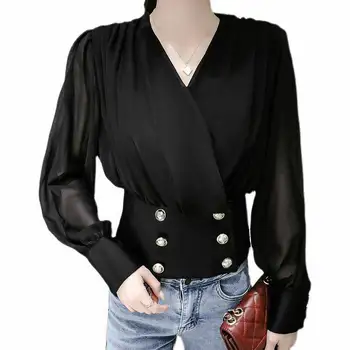 Kadın Moda Tasarım Uzun Kollu Yüksek Bel Kruvaze İnce V Yaka Streetwear Vintage Beyaz Şifon Gömlek DD6633