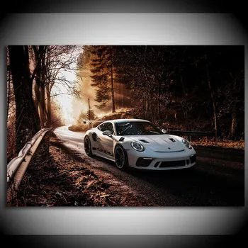 Modern Supercars 911 GT3 RS Duvar Sanatı Tuval Resimleri Beyaz Araba Orman Resim Baskı Araç Dekorasyon Oturma Odası Çerçevesiz Için