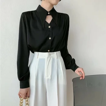 Moda Şık Saten Beyaz Bluz Kadınlar Zarif Ofis Bayan Kadın Gömlek Uzun Kollu Katı İpek Kadın Gömlek Sonbahar Giyim 23440