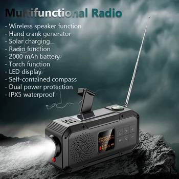 El Krank Radyo Taşınabilir Güneş Enerjisi El Krank Radyo AM / FM / WB / NOAA Bluetooth uyumlu Hoparlör Açık Kamp Yürüyüş için