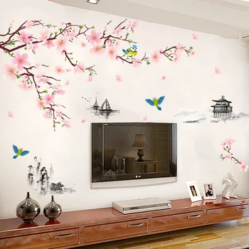 Mürekkep Boyama Şeftali Çiçeği Manzara Duvar Sticker Çin Tarzı Duvar Kağıdı Oturma Odası Kanepe Arka Plan Dekorasyon Ev Çıkartmaları